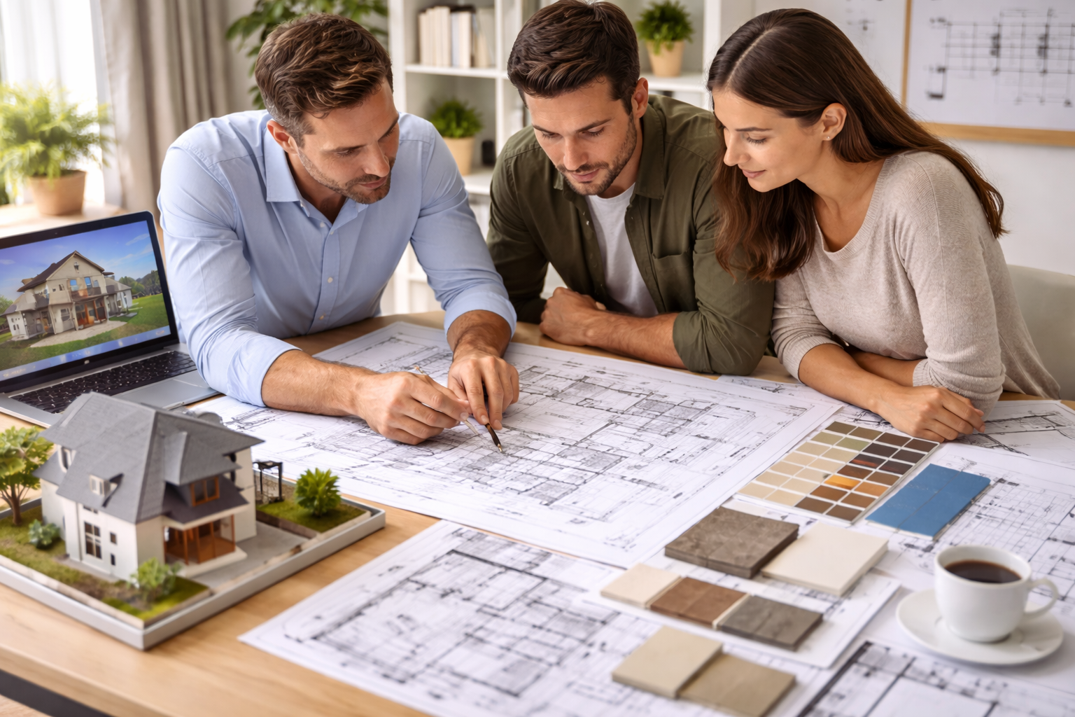 Architect discussing home design plans with a couple during a residential house planning meeting