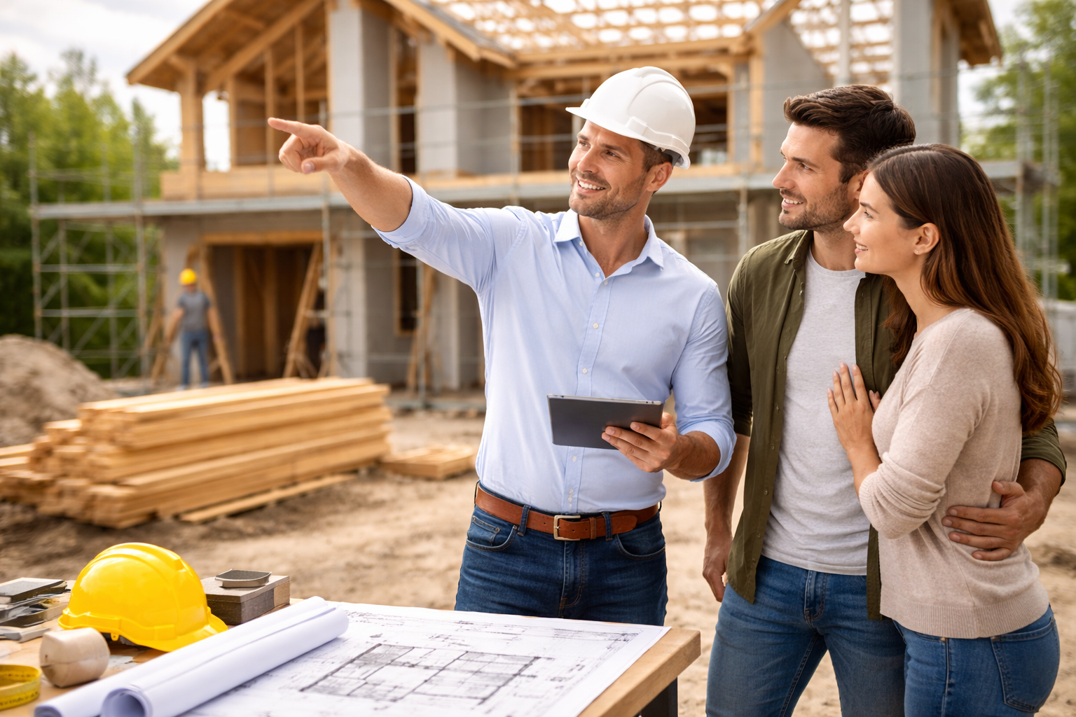What to expect when you hire an architect: Architect reviewing construction progress with homeowners at a residential site