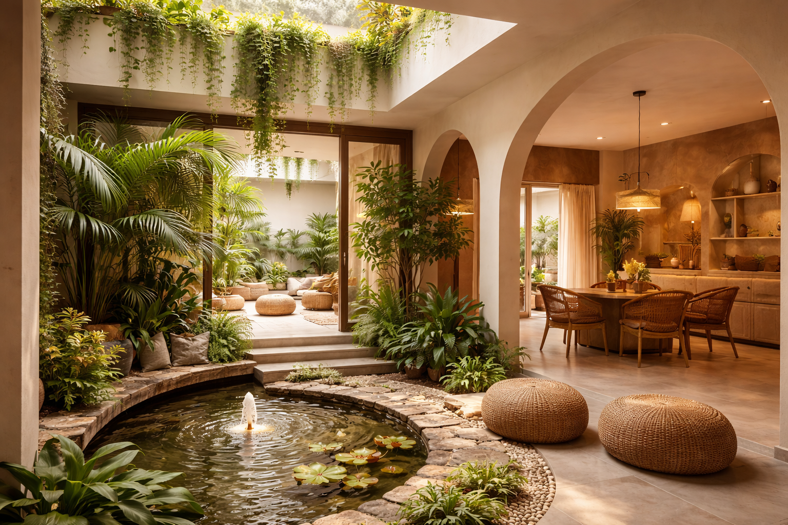 Latest home design trends in India 2026 showing a biophilic Indian home with indoor courtyard, natural light, plants, and earthy interiors