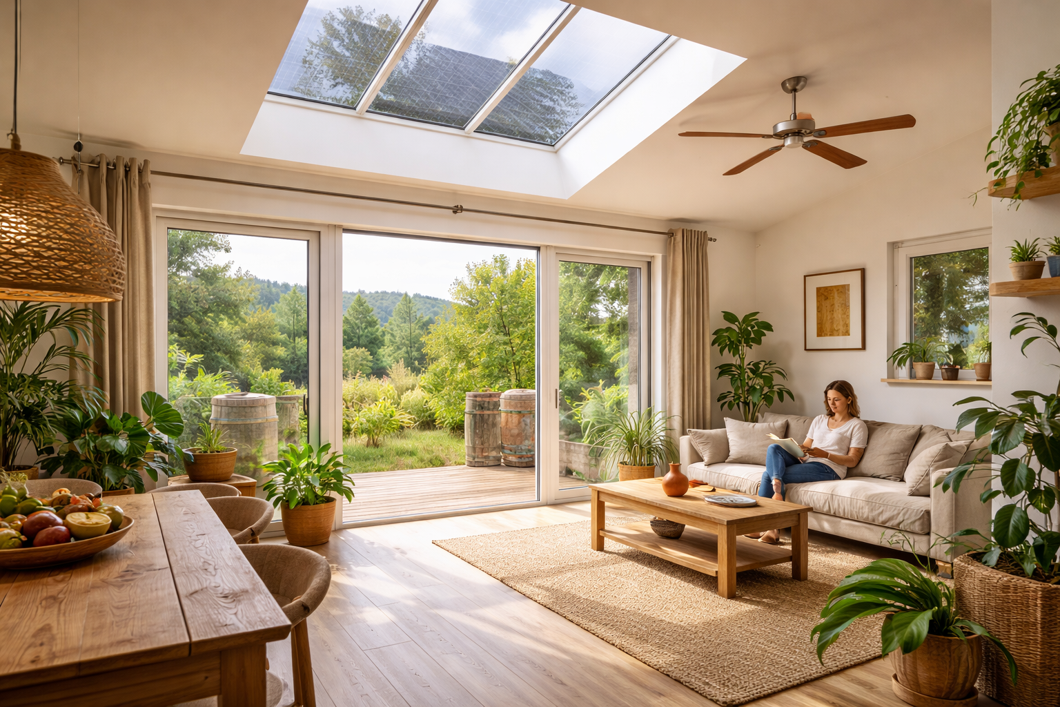Sustainable house design ideas showing a naturally lit living room with skylight, indoor plants, and cross ventilation