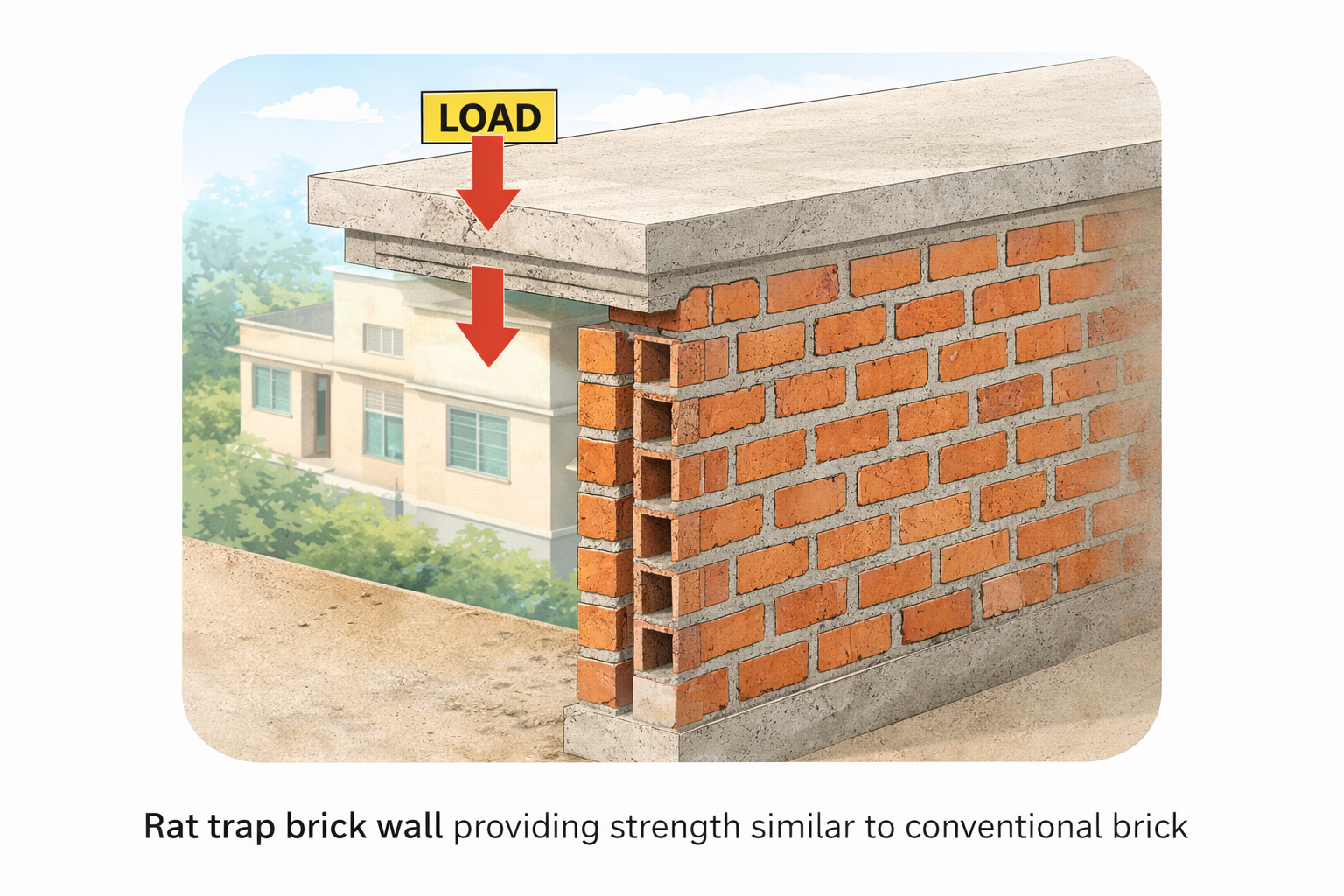Load bearing rat trap brick wall construction for low-rise buildings