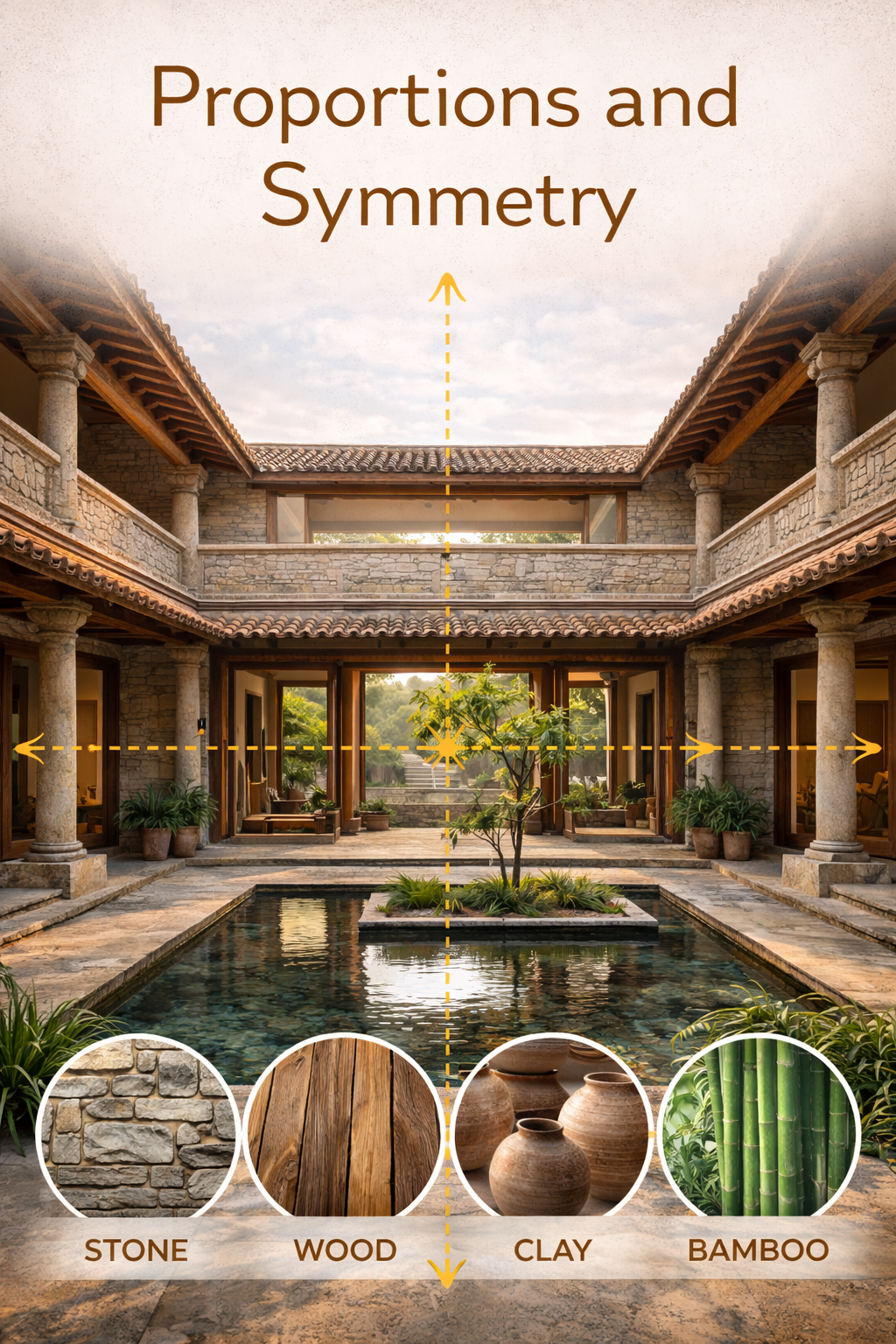 “Symmetrical courtyard of a modern home inspired by ancient architectural principles showing balanced proportions, central axis, and harmonious desig