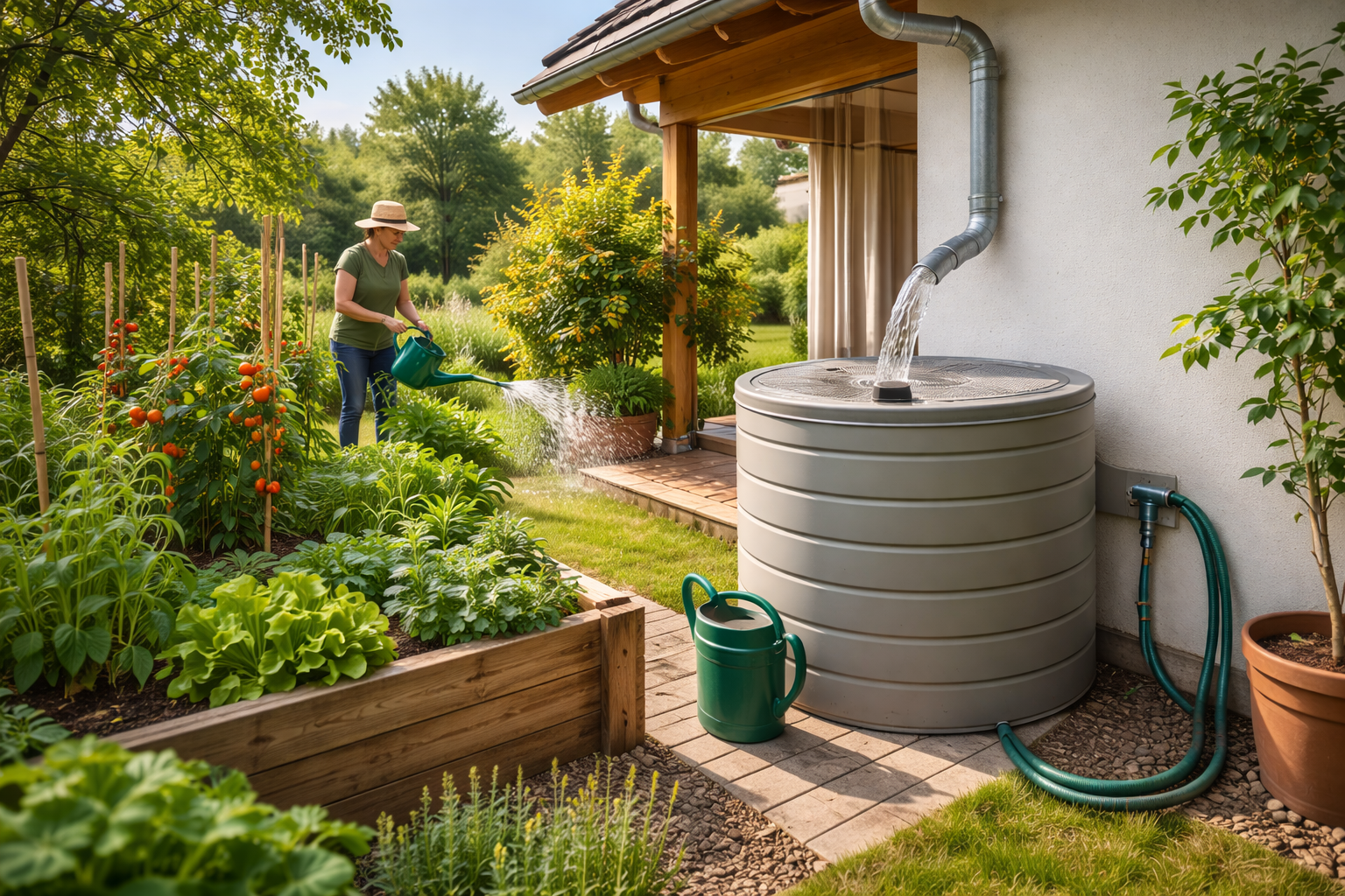 Sustainable house design ideas showing rainwater harvesting tank used for garden irrigation
