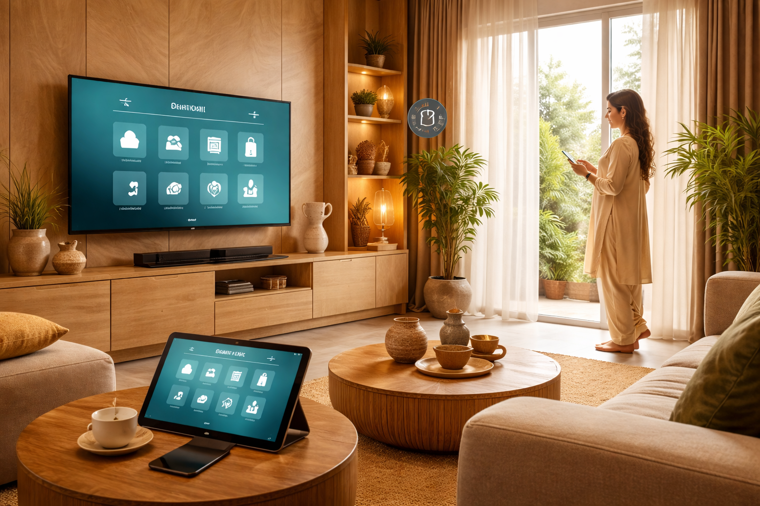 Latest home design trends in India 2026 showing a smart Indian living room with home automation, natural light, and modern interiors