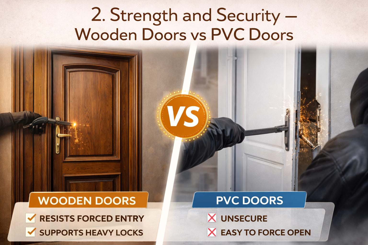 Wooden doors vs PVC doors strength and security comparison showing wooden door resisting forced entry and PVC door being easily breakable in Indian homes