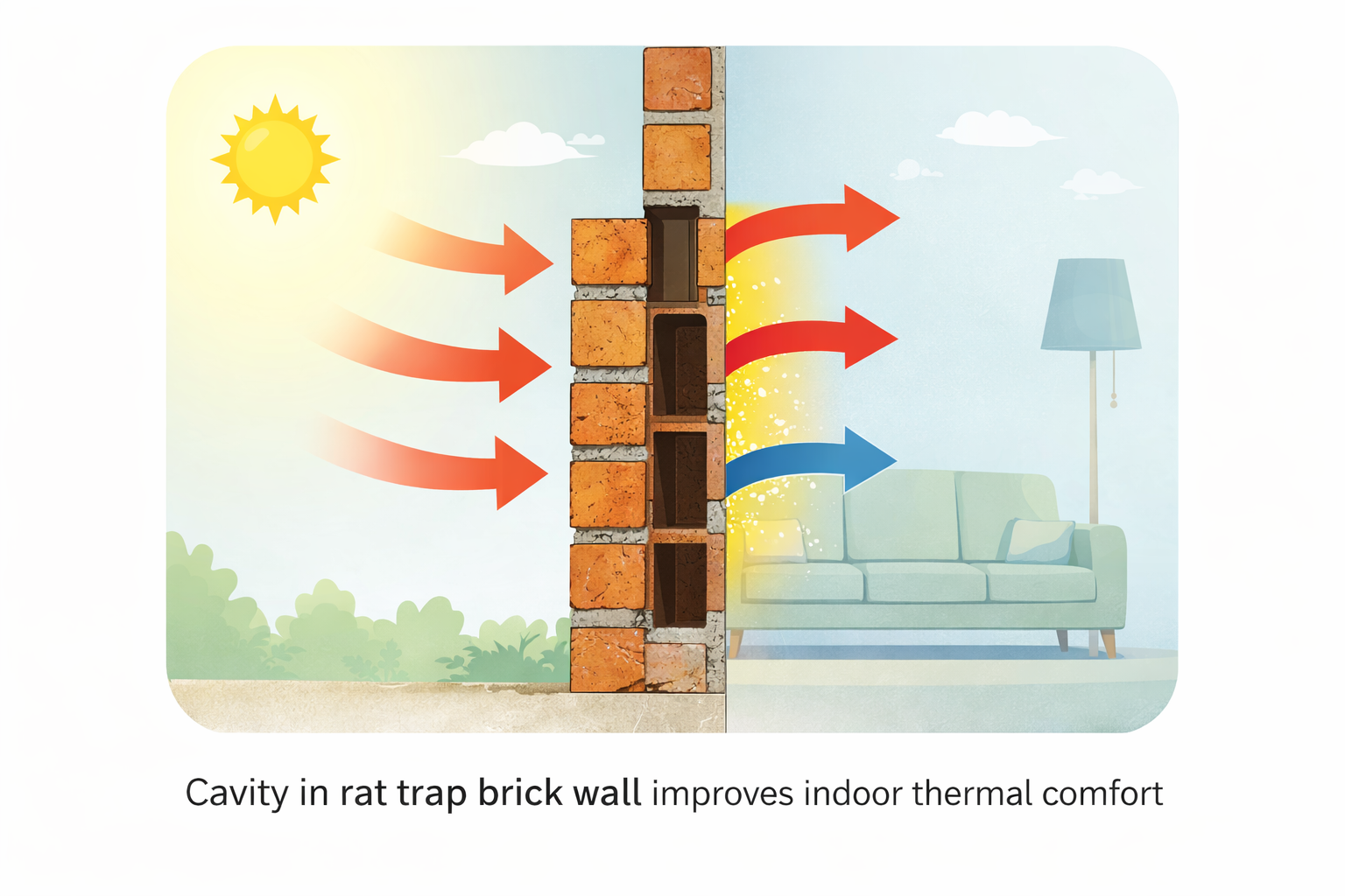Rat trap brick wall thermal insulation reducing heat transfer