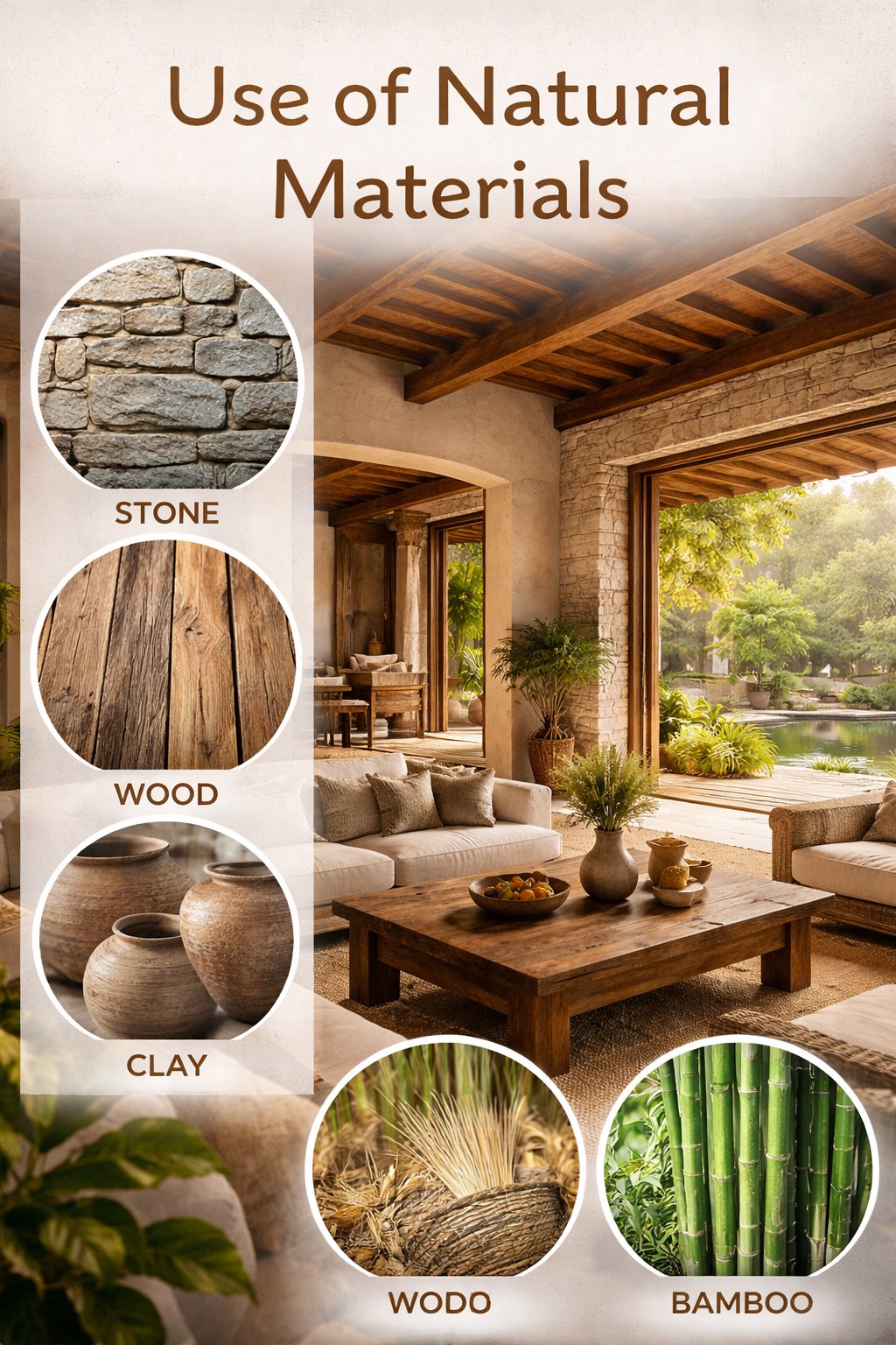 “Modern home interior inspired by ancient architectural principles using natural materials like stone, wood, clay, and bamboo.”