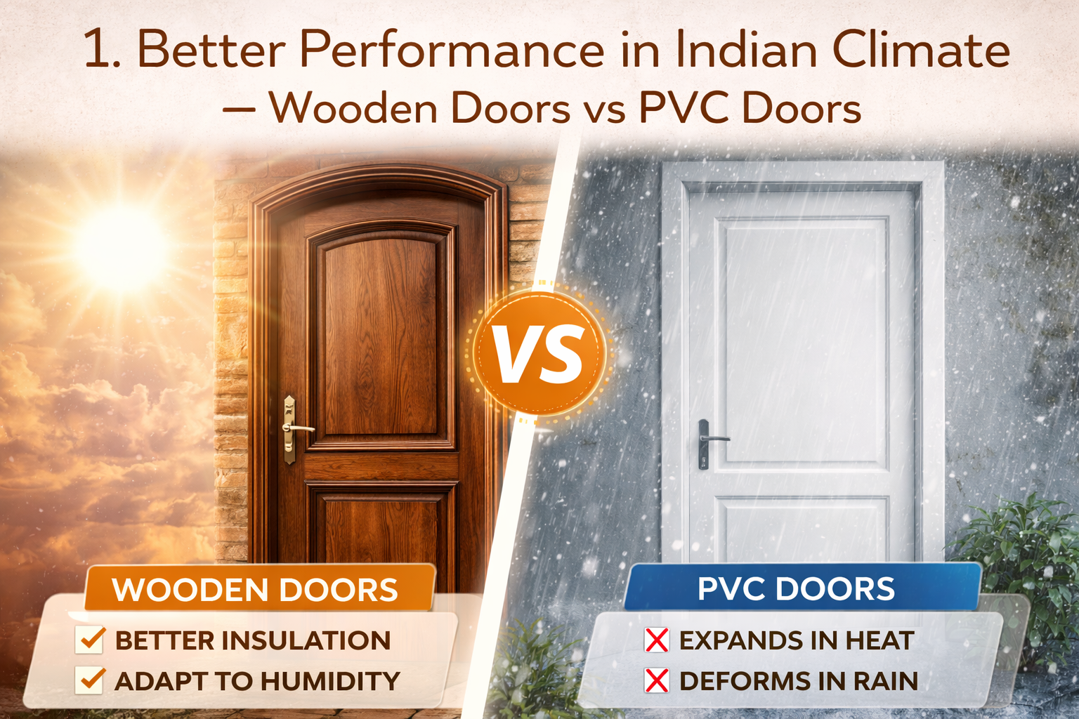 “Wooden doors vs PVC doors comparison showing wooden doors performing better than PVC doors in Indian climate conditions such as heat and humidity.”
