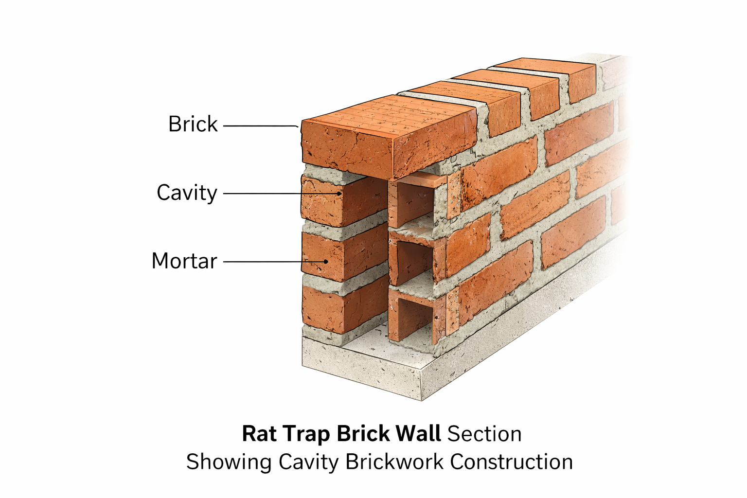 Rat trap brick wall section showing cavity brickwork construction